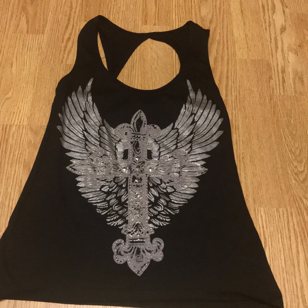 Black tank top with rhinestone cross  angel wings